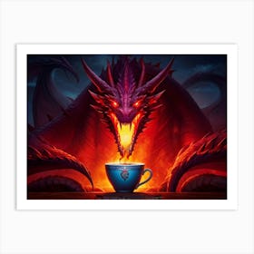 Illustration Of A Majestic Red Dragon With Eyes Narrowed In Glaring Intensity Reaching For A Cup Of 1 Art Print