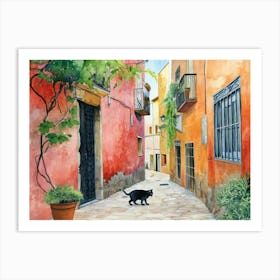 Tarragona, Spain   Cat In Street Art Watercolour Painting 3 Art Print