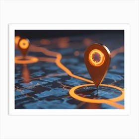 Location Pins On A Map With Glowing Lines, Indicating Routes And Navigation Art Print