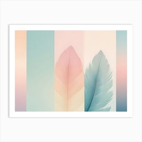 Minimalist Design Featuring Three Pastel Colored Feathers Against A Gradient Background In Shades Of Pink, Blue, And Beige Art Print