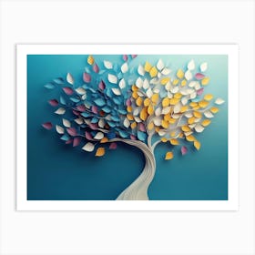 Colorful Tree With Leaves On Hanging Branches Of Blue, White And Golden Illustration 1 Art Print