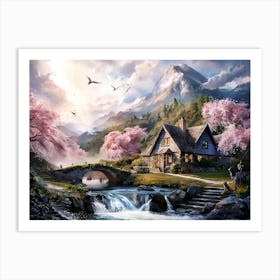 Mountain River and Cherry Blossom Painting #6 Art Print