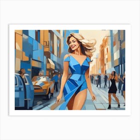 Smiling Woman In A Blue Dress Art Print