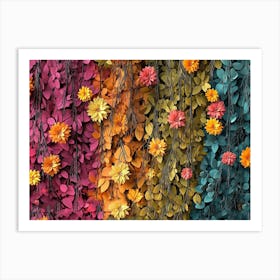 A Vibrant 3d Abstract Art with Seamless Hanging Branches, Colorful Flowers and Falling Leaves Art Print