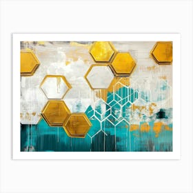 A Rich Oil Abstract Golden Hexagons, White Lattice and Splashes Art Print