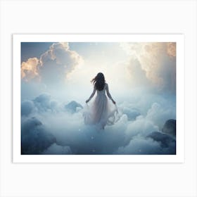 Ethereal Girl Floating Amidst Clouds Dreamy And Surreal Atmosphere Airy And Mystical With A Celest Art Print