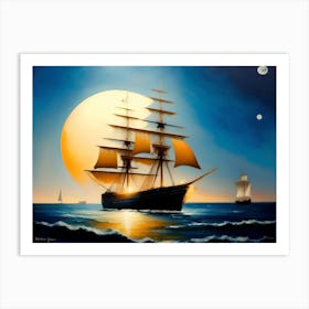 Tall Ship With Big Moon Art Print