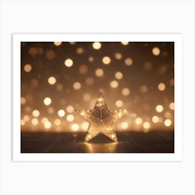 A Golden Star With Lights On It Is Placed On A Wooden Tabletop Art Print