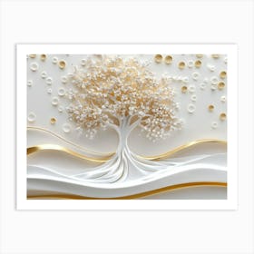 3d Art White and Gold Tree Life, 3d Golden Tree and White Circles Art Print