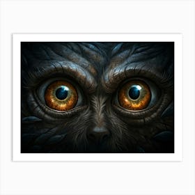 A Close Up Of Two Large, Bright Orange Eyes With Blue Pupils, Set In A Dark, Textured Face With Leaves Art Print