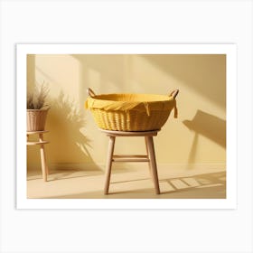 A Wicker Basket And A Wicker Stool On A Yellow Background Art Print