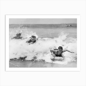 Surfers Catching Waves at the Beach, Vintage Black and White Old Photo Art Print