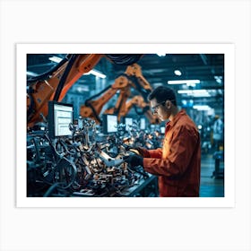 An Artificial Intelligence Engineer Immersed In A High Tech Manufacturing Factory Examining The Com (2) Art Print