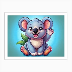 Cartoon Koala Waving With Green Leaves Art Print