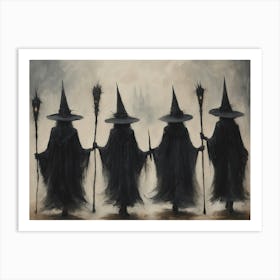 Witches Coven on Halloween Art Print | Neutral Tones Spooky Gothic Samhain Witchcraft Altar Wall Art for Tarot Moody Dark Aesthetic Art Print