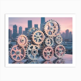 An Image Of A Set Of Interlocking Gears Against A Backdrop Of A Modern City Skyline 1 Art Print