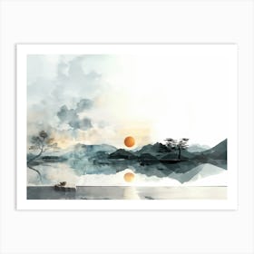 Lake, single tree, Japanese Style, minimalistic, watercolor, blue and grey Art Print