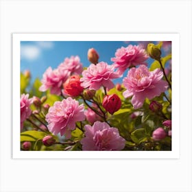 Pink Flowers Against Blue Sky Art Print