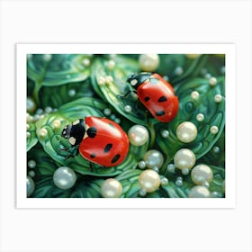 Ladybugs On Pearls Art Print