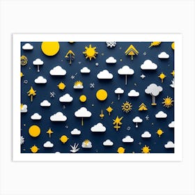 A Blue Background With White Clouds And Yellow Suns In A Repeating Pattern Art Print