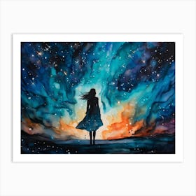 Watercolor Of A Woman Silhouette Infused With The Cosmos Standing Before The Vastness Of The Unive Art Print