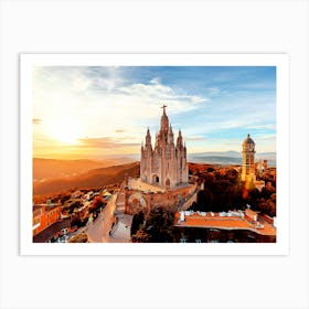 Tibidabo Mountain And Sagrat Cor Church At Sunset, Barcelona, Spain Art Print