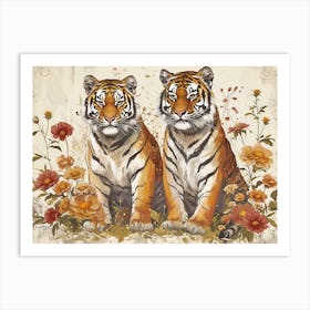 Floral Animal Illustration Siberian Tiger 1 Art Print