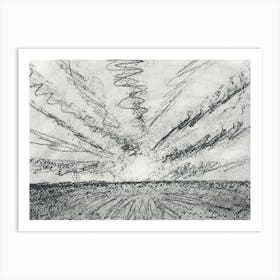 Here Comes The Sun - grey gray graphite charcoal pencil hand drawn drawing contemporary monochrome landscape Art Print