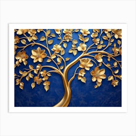 Gold Tree On Blue Background 1 Art Print