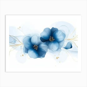 Elegant Abstract Blue Flowers With Golden Line Art Print