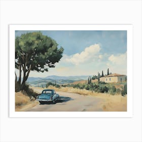 Blue Retro Car In Tuscany Landscape Art Print