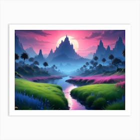 An Illustration Of A Fantasy Landscape With Tall Mountains, A River, And Palm Trees Under A Vibrant Pink Sky Art Print