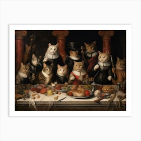 Medieval Cats Banqueting At A Long Table Art Print