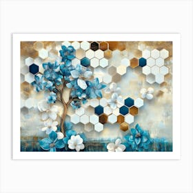 Abstract White Lattice Tiles, Turquoise Tree, And Dynamic Blue Hexagons Art Print