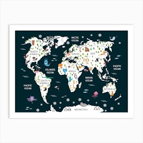 Kids Animal World Map In Navy Art Print