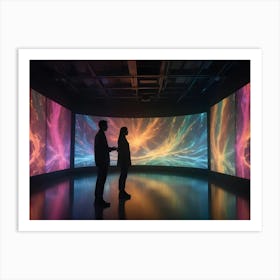 Two Silhouetted Figures Stand In An Empty Room, Looking At A Large, Curved Screen Displaying A Vibrant, Abstract, Digital Artwork Art Print