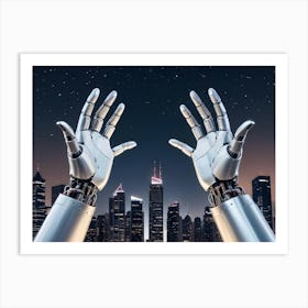 Two Robotic Hands Reach Upwards, Seemingly In Celebration, Against A Nighttime Cityscape Backdrop With Stars Visible In The Sky Art Print