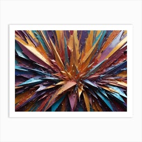 An Abstract Artwork With A Burst Of Textured, Sharp Shards In Gold, Blue, Purple, And Orange Hues Art Print