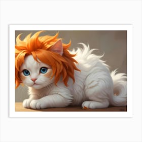 A Digital Illustration Of A Cute, White Kitten With Orange Hair, Sitting On A Wooden Surface With A Soft, Dreamy Expression Art Print