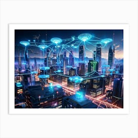 A Digital Painting Of A Globally Networked Cityscape Futuristic Ai Central Node Glowing With Connec Art Print