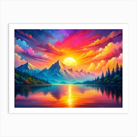 Vibrant Sunset Over A Mountain Lake With Reflection Art Print