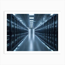 Interior Of A Modern Server Room With Rows Of Black Servers Art Print