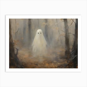 Cute Halloween Ghost In Autumnal Forest Art Print