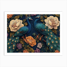 Peacocks And Flowers Art Print