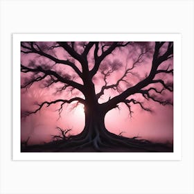 A Large, Gnarled Tree Stands In The Center Of A Misty Forest, Silhouetted Against A Vibrant Pink And Purple Sunrise Or Sunset Art Print