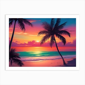 A Tranquil Beach At Sunset Horizontal Illustration 61 Art Print