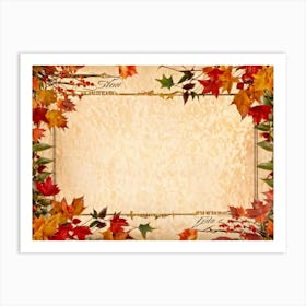 Autumn Themed Thanksgiving Frame Edges Adorned With Crimson Orange And Yellow Leaves Center Hold (3) Art Print