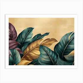 Vintage Tropical Green Brown Leaves, Beige Golden Texture Art Print