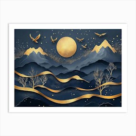 3d Modern Art With Dark Blue And Golden Art Print