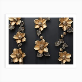 3d Artwork Illustration Background with Golden Jewelry and Flowers 2 Art Print